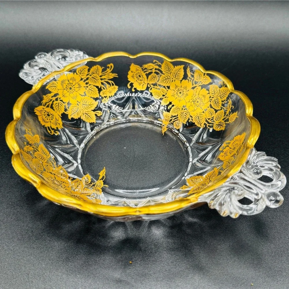 Vintage Gold Encrusted Floral Glass Candy Dish and Bonbon Bowl Hollywood Regency